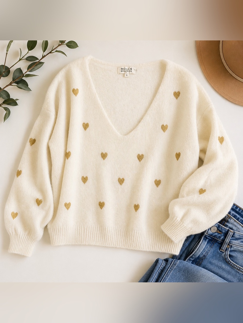 Holly Bracken French Wool Cream Sweater w/ Gold Hearts β Size M
